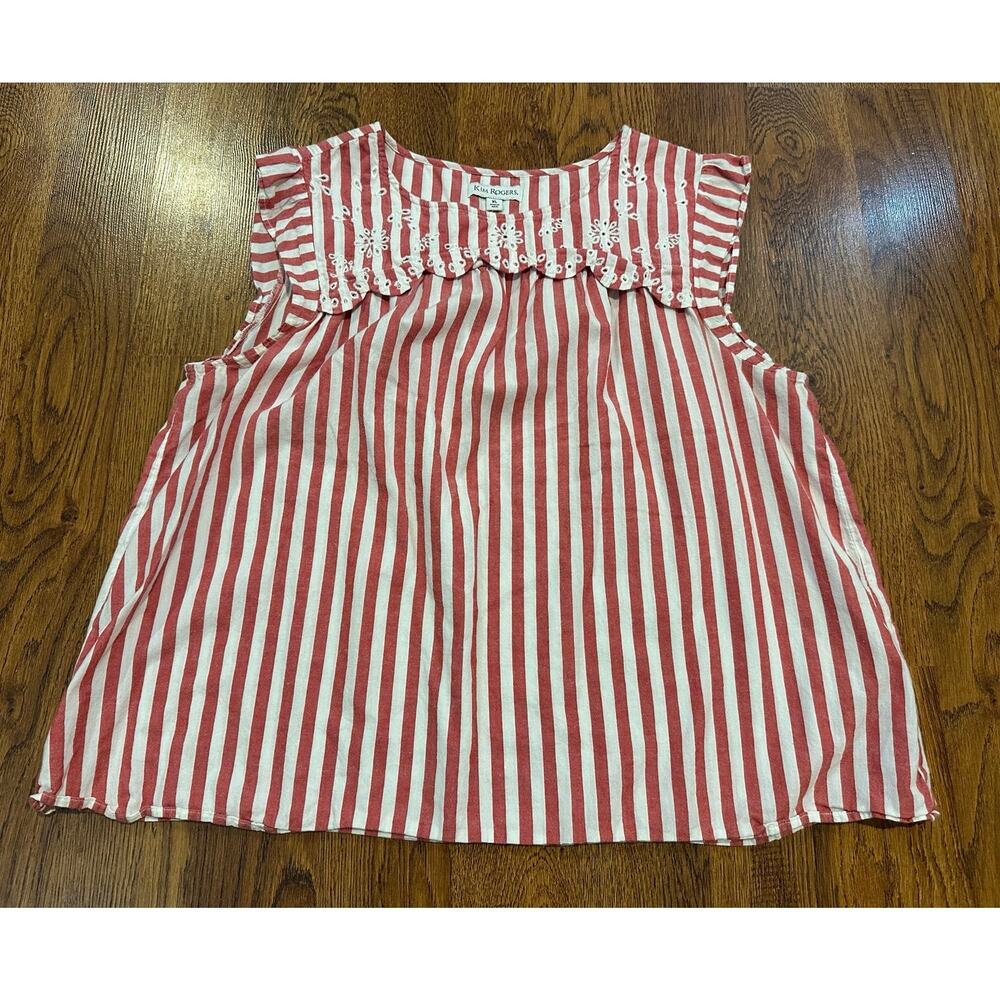 Kim Rogers Striped Embroidered Blouse Women’s XL Red White Cotton Casual Top